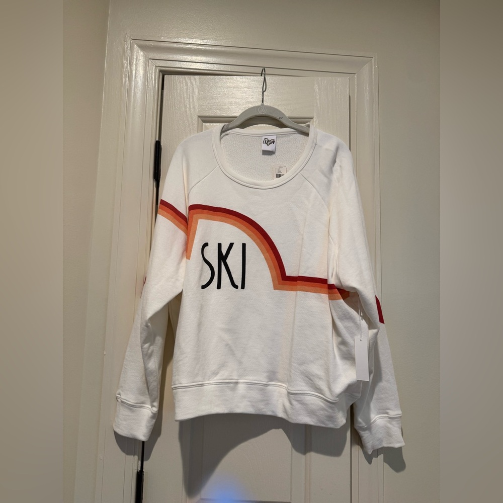 Let Luv White 'SKI' Graphic Sweatshirt with Orange-Red Stripe - Cozy PulloverNWT